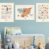 Educational wall posters featuring Arabic alphabet, map of Syria, and numbers.